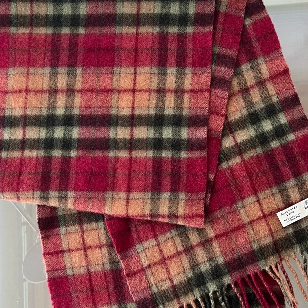 🐑Lambswool Plaid Unisex Scarf | Shepherds Land | Muted Magenta/Green/Tan/Black